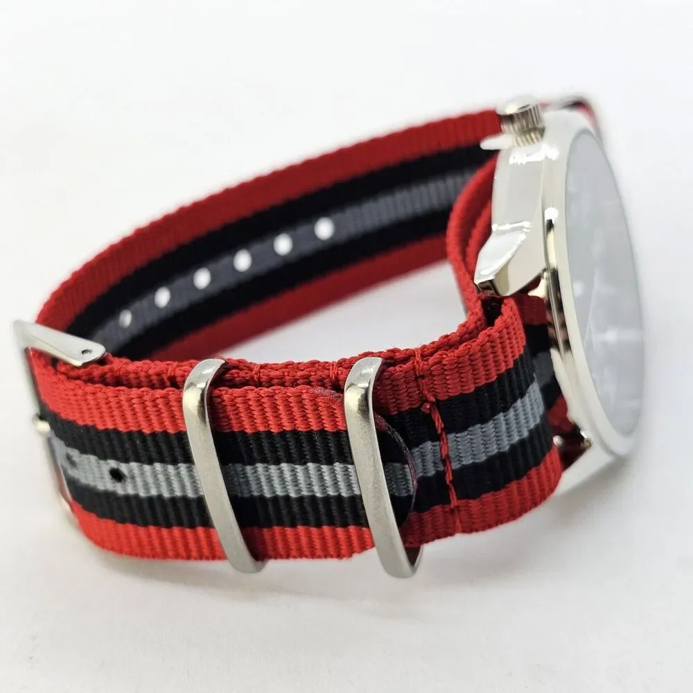 Men's Field Military Watch 42MM Black Dial Red Black Gray‎ Canvas Band Strap